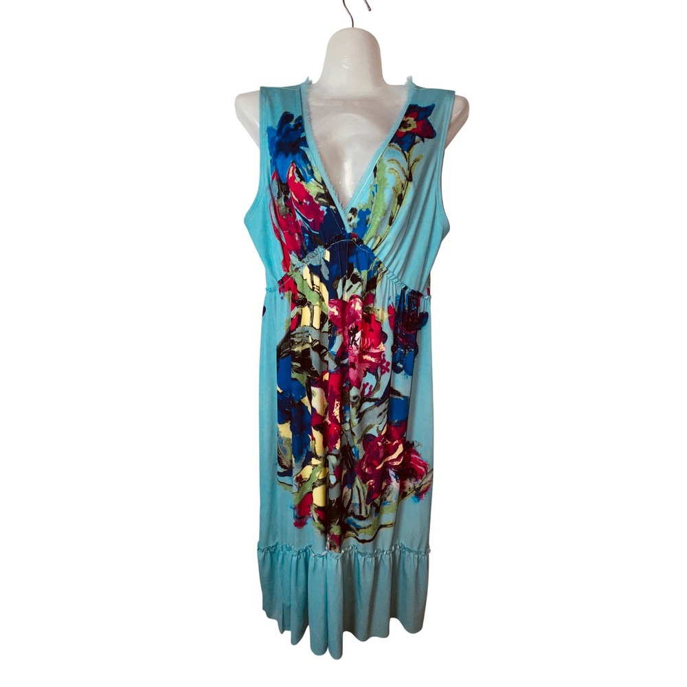 Vintage Y2K Rose Blue Floral V-Neck Midi Dress Medium Boho Beach Church Party